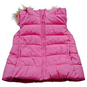 Gap Kids Pink Puffer Faux Fur Hooded Vest Girls SM 6-7 Quilted Pockets